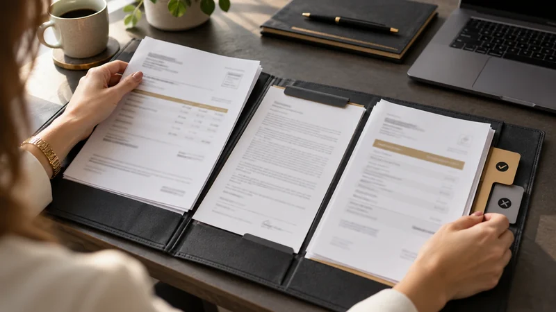 Pessoa confere posição atualizada, contrato e proposta com uma divisória de pendências.