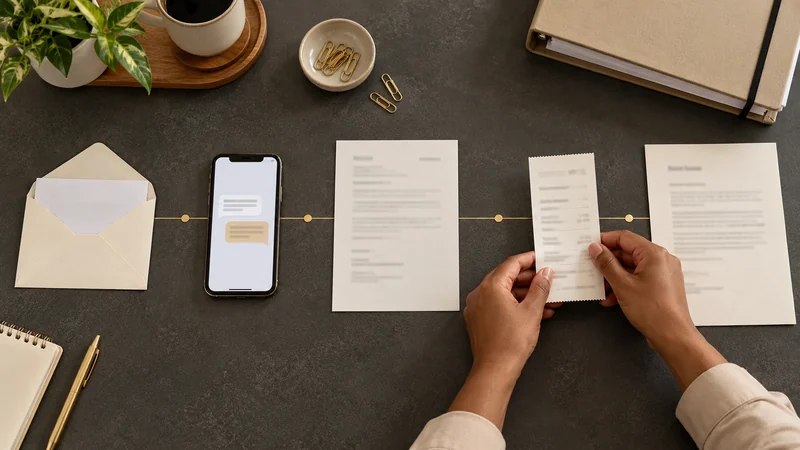 Pessoa organiza cinco registros de contato em sequência: carta, mensagem, e-mail, protocolo e resposta.