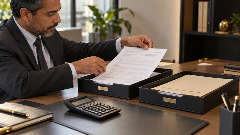 Pessoa separa documentos em duas bandejas ao lado de uma calculadora.