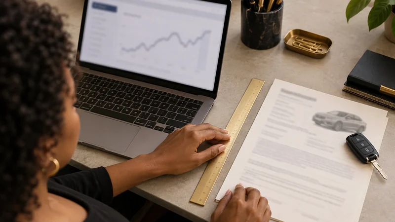 Régua separando notebook com indicador e documento de veículo com chave sobre a mesa.