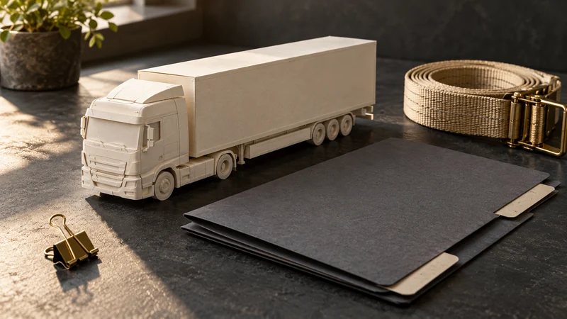 Miniatura de caminhão claro junto a pastas grafite, cinta de carga e clipe dourado sobre bancada escura.