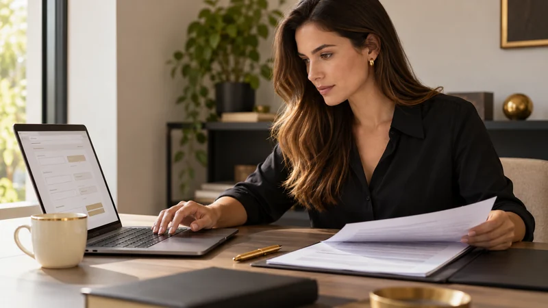 Mulher usando um notebook enquanto consulta um documento impresso.