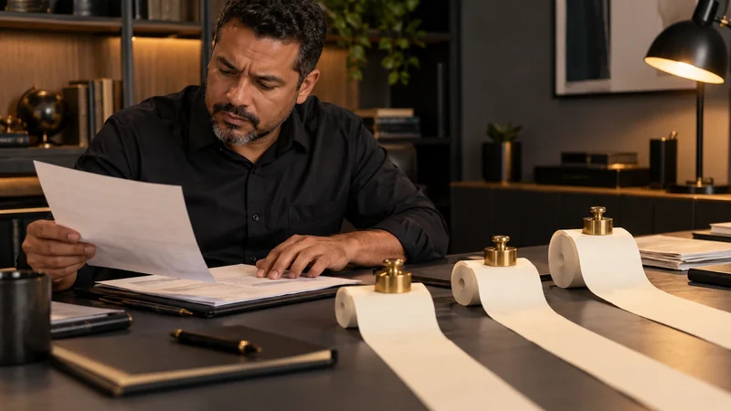 Homem lendo documentos ao lado de rolos de papel sobre uma mesa.