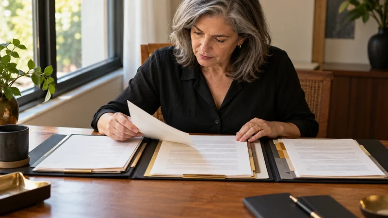 Mulher comparando documentos abertos em três pastas.