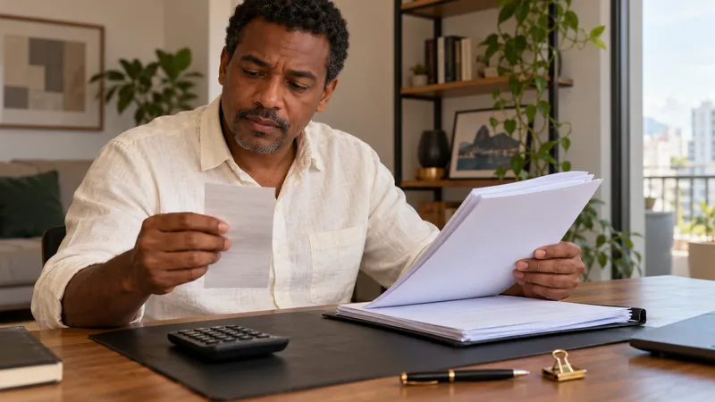 Homem comparando um recibo com documentos de financiamento, ao lado de uma calculadora e acessórios pretos e dourados.
