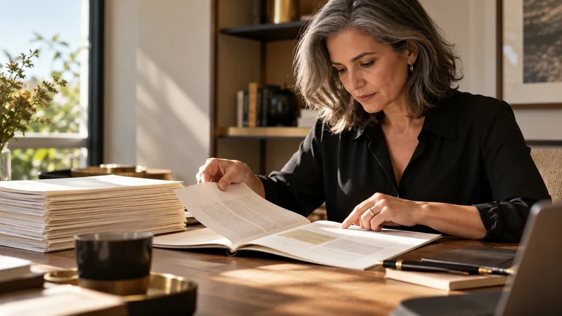 Mulher lê um documento ao lado de livros e papéis de consulta.