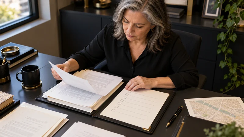 Mulher confere um checklist com documentos de atendimento.