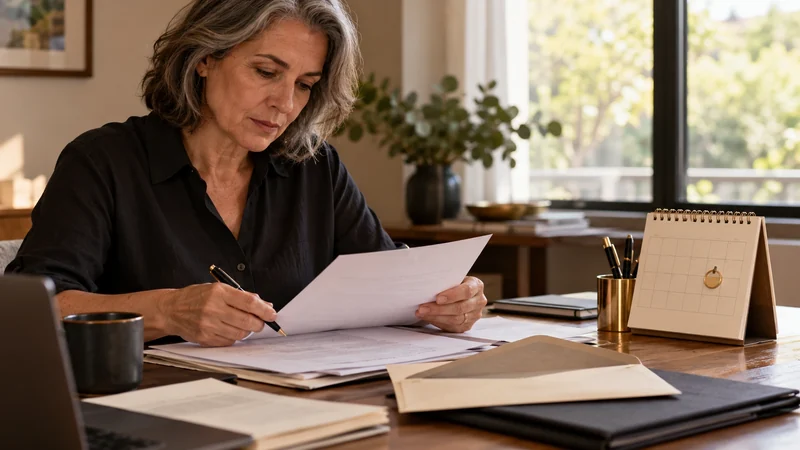 Mulher prepara um pedido escrito com documentos e calendário à vista.