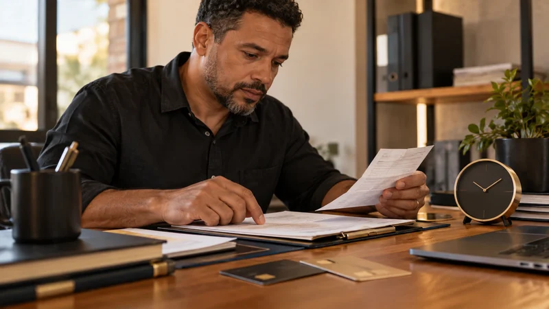 Homem confere um documento de pagamento ao lado de um relógio.