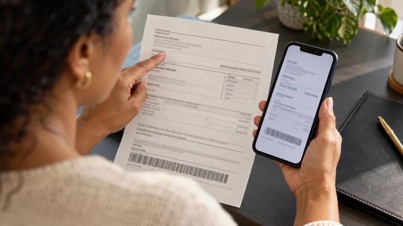 Pessoa confere o beneficiário de um boleto impresso comparando-o ao celular antes de pagar.
