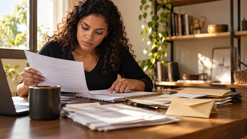 Mulher lendo uma folha e consultando um caderno sobre a mesa, com documentos e envelope ao redor.