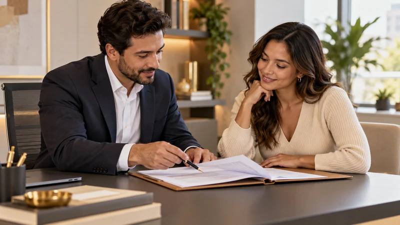 Duas pessoas conversam sobre um contrato aberto, com uma delas apontando um trecho do documento.