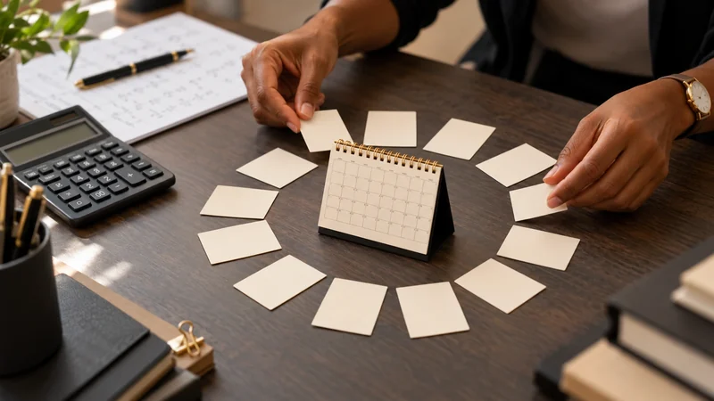 Mãos organizando cartões ao redor de um calendário de mesa, com calculadora ao lado.
