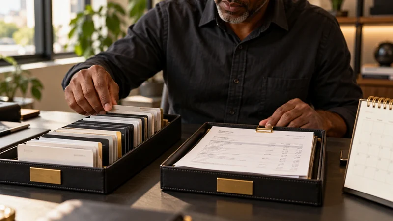 Pessoa comparando sequência de cartões em uma bandeja e documento de posição em outra, com calendário ao lado.
