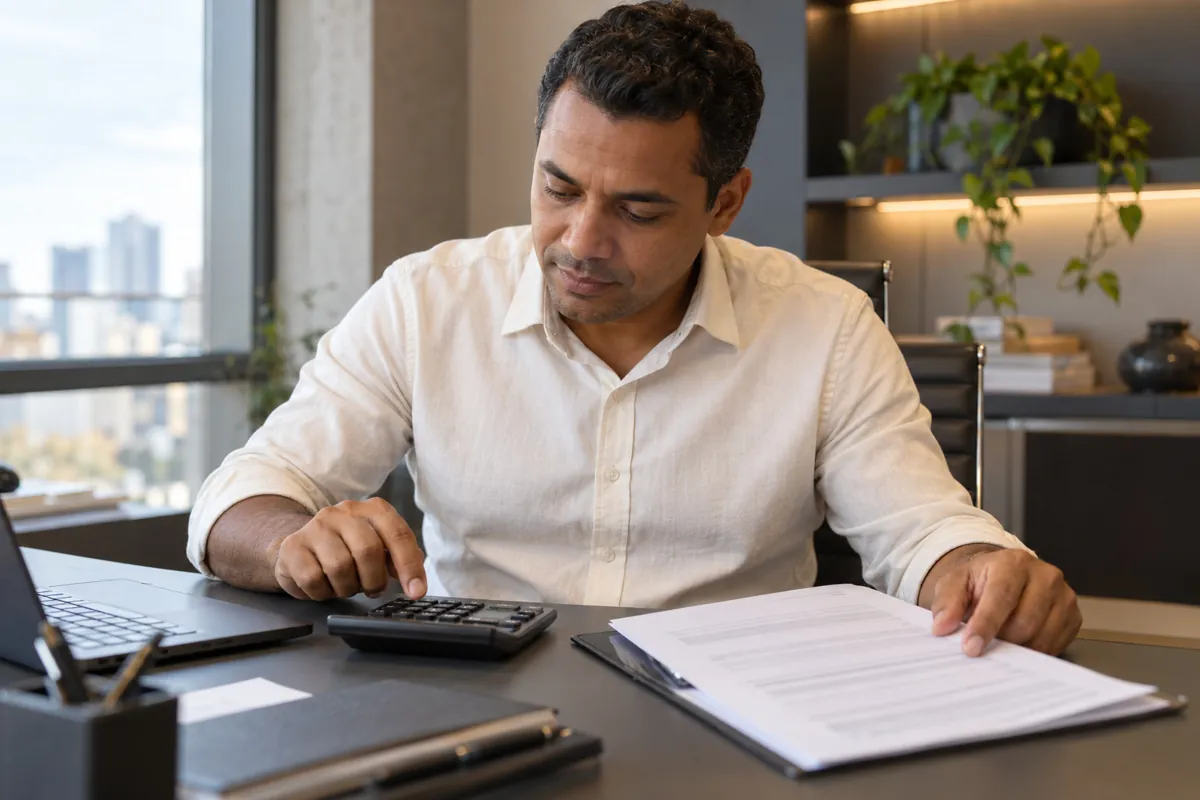 Imagem conceitual de conferência de documentos com calculadora
