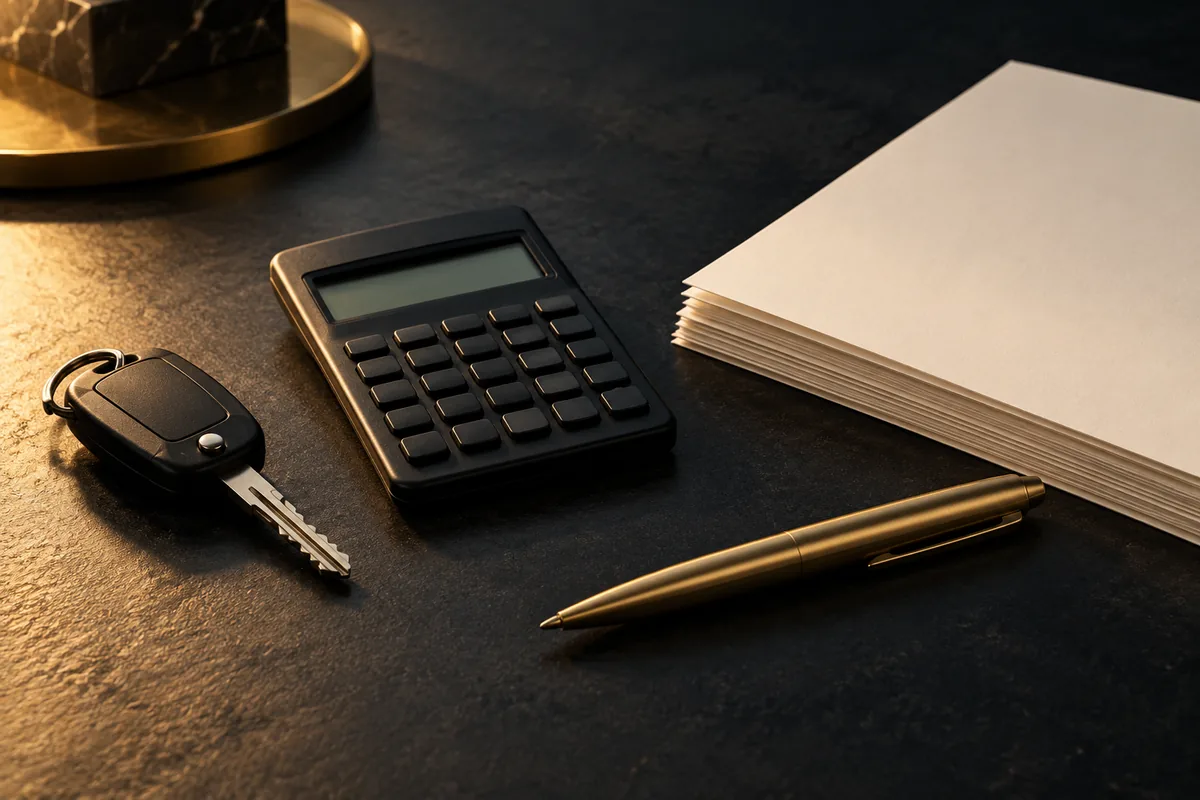 Calculadora com visor vazio, chave de veículo, folhas sem texto e caneta em composição conceitual.